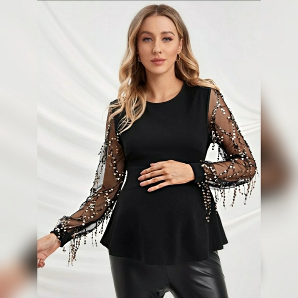 Maternity Sequin Mesh Sleeve Peplum Top Black S 2X - Picture 2 of 4